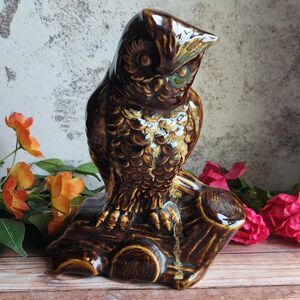 Heavy Large Mid Century Moden Ceramic Glazed Pottery Owl Branch  Planter Vase